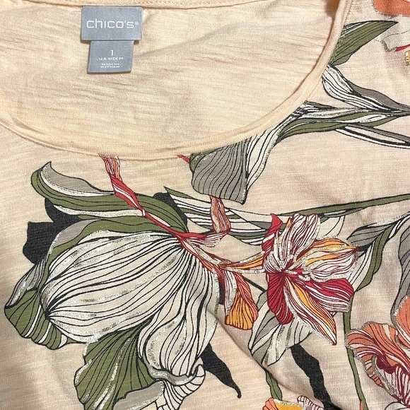 Chicos Peach Foiled Floral T-Shirt Sz M - Picture 5 of 9